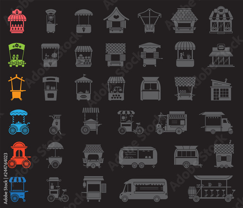 Set of stylized illustrations of promo stands and various promotional and sales objects. Large collection of objects for external usage such as promo stand and movable and fixed market stalls.