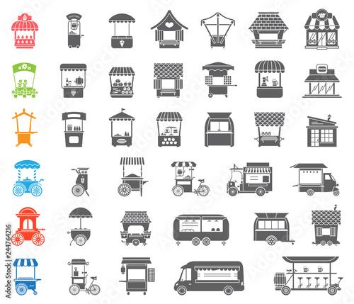 Set of stylized illustrations of promo stands and various promotional and sales objects. Large collection of objects for external usage such as promo stand and movable and fixed market stalls.