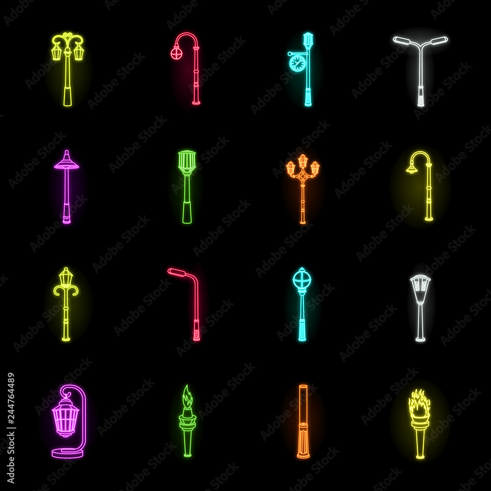 Lamp post neon icons in set collection for design. Lantern and lighting vector symbol stock web illustration. Lamp post neon icons in set collection for design. Lantern and lighting vector symbol stock web illustration.