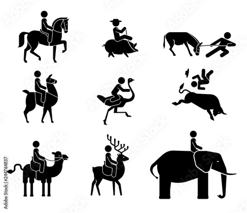 Set of pictograms presenting riding of various kind of animals. Animals used for riding as tradition and comic, non traditional animal riding.