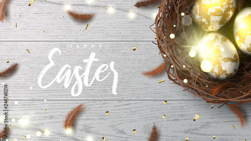 Happy Easter banner template. Beautiful background with realistic wicker nest, white golden eggs, sparkling gold confetti, shining garland and chicken feathers. Holiday vector illustration.