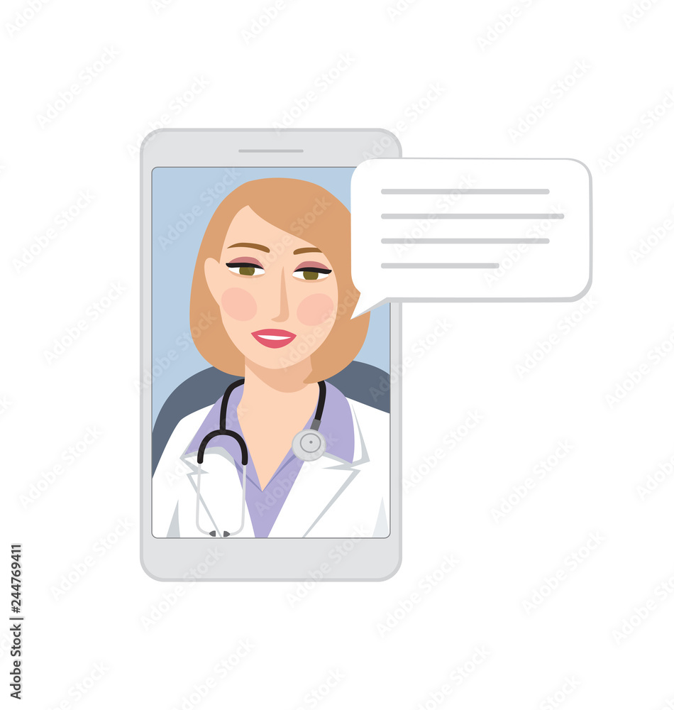 Online female doctor on phone screen with speech bubble. Online medical consultation concept, Modern medicine and healthcare system support. Isolated vector illustration Online female doctor on phone screen with speech bubble. Online medical consultation concept, Modern medicine and healthcare system support. Isolated vector illustration