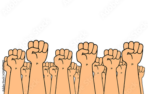 Illustration of a bunch of arms with fists held high as a symbol of social struggle and resistance
