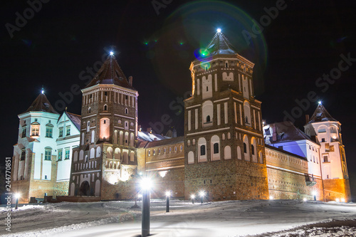 Mir Castle in Belarus. Beautiful palace at night. Winter.
