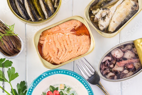 Varieties of canned fish. photo