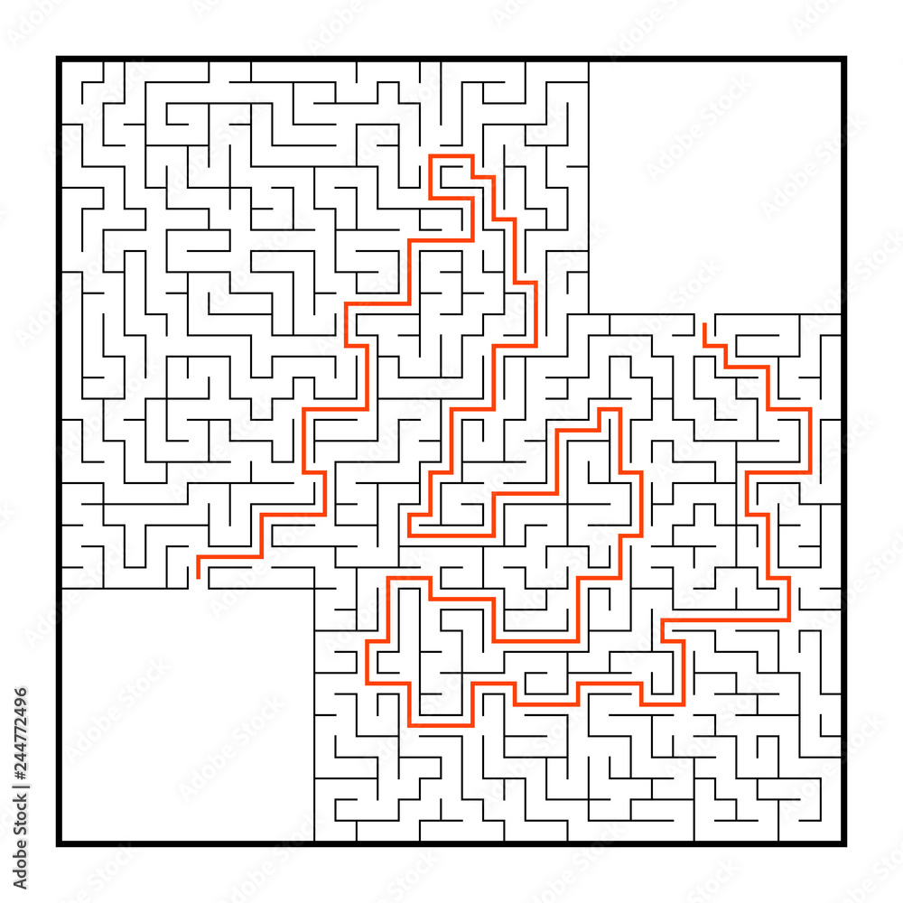 Abstract square maze. Game for kids. Puzzle for children. One entrance, one exit. Labyrinth conundrum. Flat vector illustration isolated on white background. With answer. Abstract square maze. Game for kids. Puzzle for children. One entrance, one exit. Labyrinth conundrum. Flat vector illustration isolated on white background. With answer.