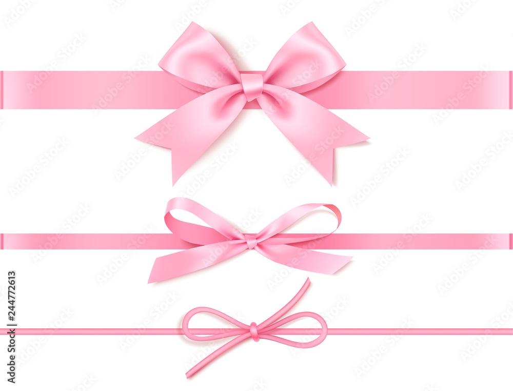 Set of decorative pink bow with horizontal pink ribbon for gift decor.Vector illustration isolated on white Set of decorative pink bow with horizontal pink ribbon for gift decor.Vector illustration isolated on white