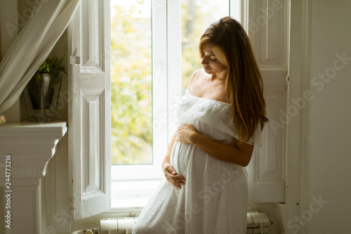 Young pregnant woman standing by the window