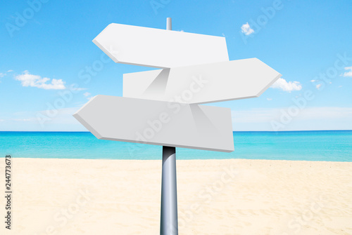 summer travel destinations options. Direction road sign with arrows on beach and sea