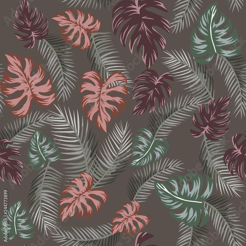 Tropical leaves seamless pattern taup background
