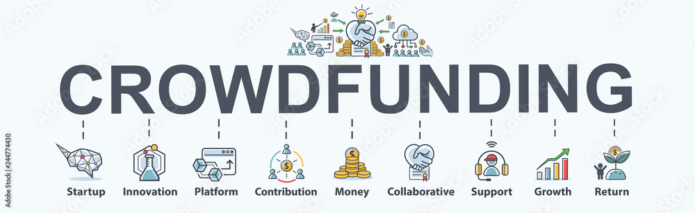 Crowdfunding banner web icon for business and startup, innovation, Platform, Contribution, Collaborative, Growth and return. Minimal vector infographic.