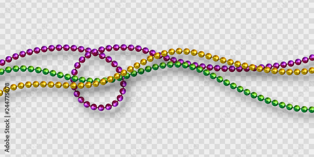 Mardi Gras beads in traditional colors. Decorative glossy realistic