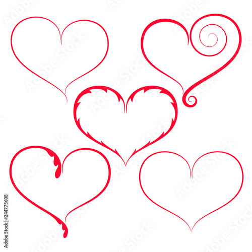 Set of red decorated hearts on white background. Valentine's day symbol