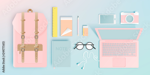 Backpack with various item in flat lay paper art style