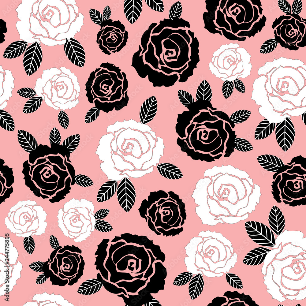 Vector Black and white rose flowers seamless pattern on pink background Vector Black and white rose flowers seamless pattern on pink background