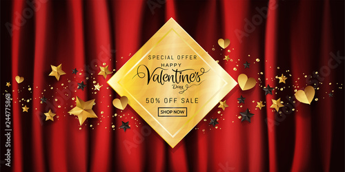 Luxury Valentines day sale banner gold glitter calligraphy, Heart, ribbin ornamental decorative on red satin background with copy space for promotion campaign banner advertisement, Vector illustration