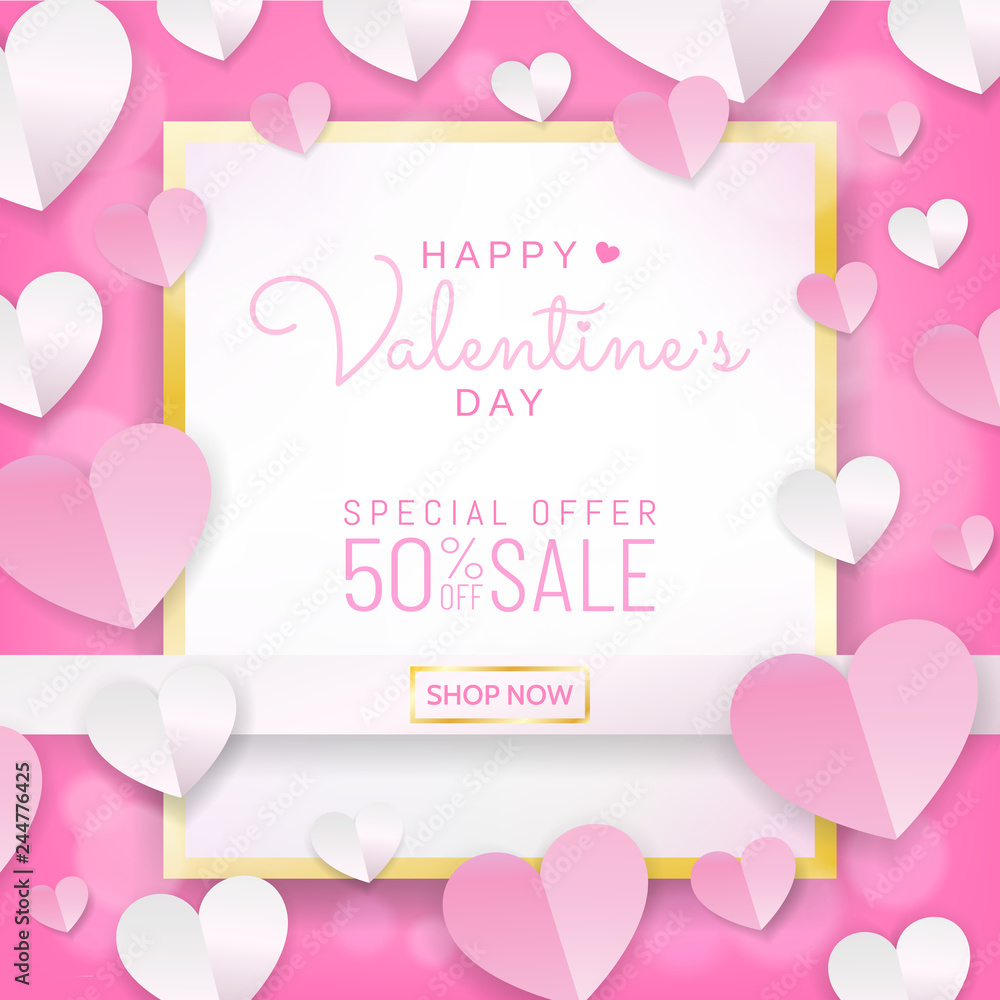 Valentines day sale background banner, calligraphy greeting card style in sweet pink color on white gold frame with paper cut style (paper art, digital craft) hearts decoration. Vector illustration. Valentines day sale background banner, calligraphy greeting card style in sweet pink color on white gold frame with paper cut style (paper art, digital craft) hearts decoration. Vector illustration.