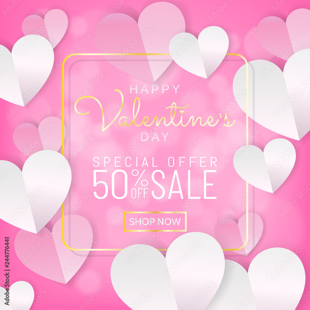 Valentines day sale background banner, calligraphy greeting card style in sweet pink color on white gold frame with paper cut style (paper art, digital craft) hearts decoration. Vector illustration.