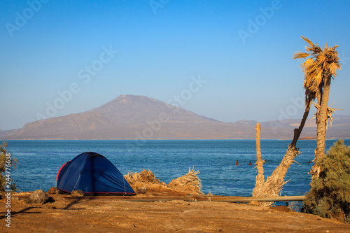 Camping at the Afrera lakeshore, Danakil Depression, Ethiopia photo