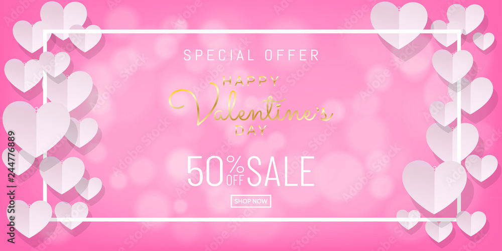 Papercut style of Valentines day sale background with gold calligraphy on pink color with hearts and white frame, Paper art (Digital craft) wallpaper, posters, brochure, banner. Vector illustration. Papercut style of Valentines day sale background with gold calligraphy on pink color with hearts and white frame, Paper art (Digital craft) wallpaper, posters, brochure, banner. Vector illustration.