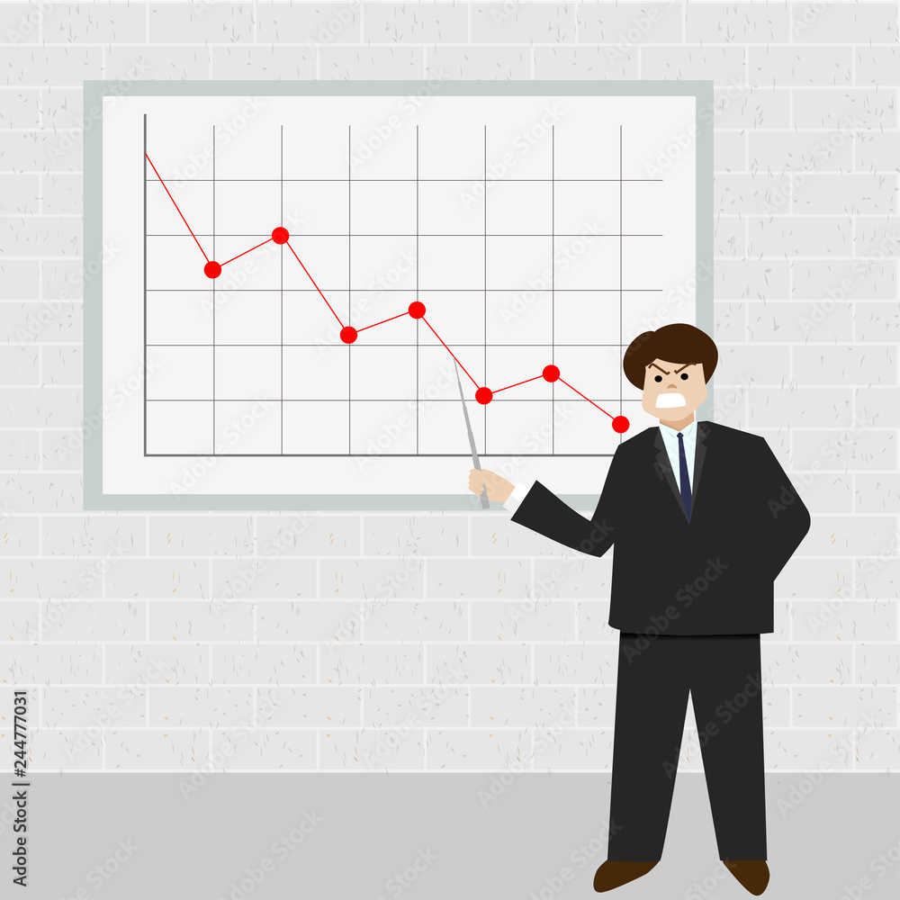 Vector angry business man point at red graph that heading down in white board on brick background Vector angry business man point at red graph that heading down in white board on brick background