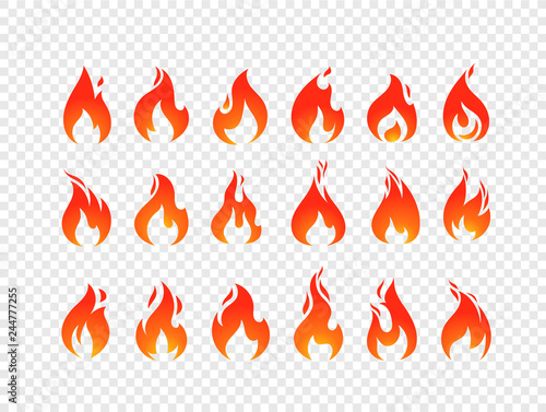 Burning flames vector set isolated on transparent background