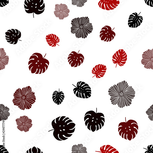 Dark Red vector seamless doodle pattern with flowers, leaves.