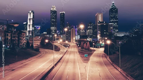 Time lapse video of car traffic moving in downtown Atlanta at night. Georgia, USA