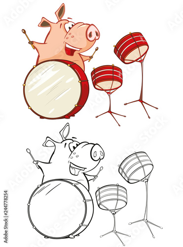 Vector Illustration of a Cute Pig Musician. Coloring Book Cartoon Character 