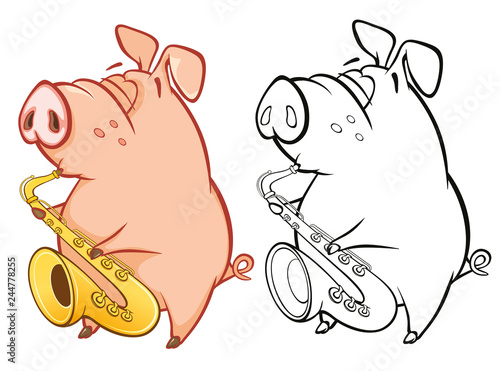 Vector Illustration of a Cute Pig Musician. Coloring Book Cartoon Character 