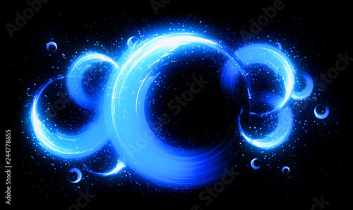 Glow neon balls. Blue space tunnel. Glint sphere. Vivid rings. Circle frame of title place. Bright background for text. Glare abstract composition. Beautiful design of magic bubbles. 3D rendering