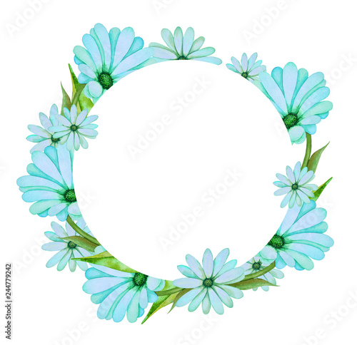 Illustration of watercolor hand drawn round frame with blue wildflowers and green leaves. Exotic flower. Spring and summer romantic floral background.
