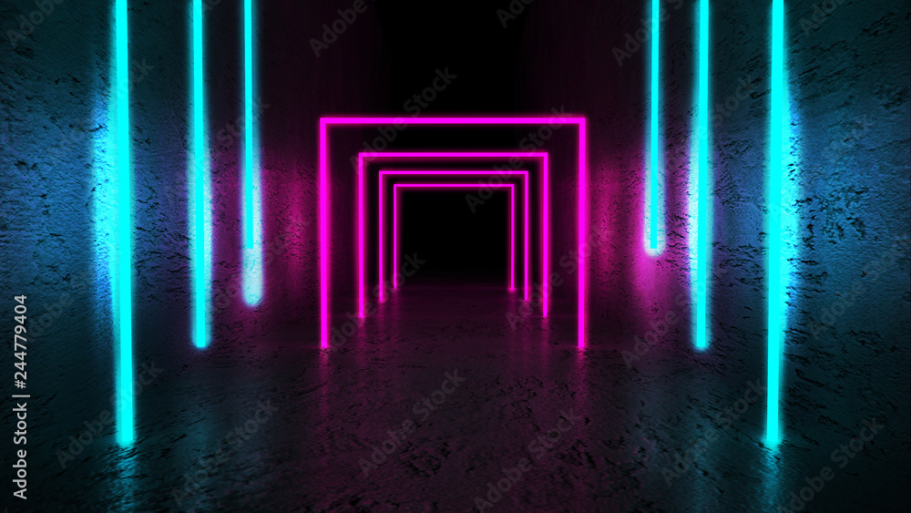 Fototapeta Bright multicolored grunge background of an empty room with concrete walls and floor. Pink and blue neon light, smoke. 3d illustration