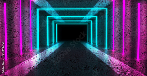 Fototapeta Naklejka Na Ścianę i Meble -  Bright multicolored grunge background of an empty room with concrete walls and floor. Pink and blue neon light, smoke. 3d illustration