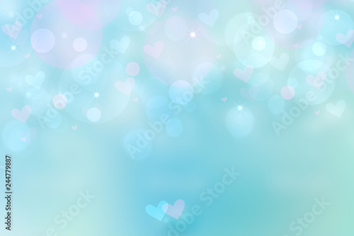 Abstract festive blur bright blue pastel background with blue hearts love bokeh for wedding card or Valentine   s day. Space. Card concept.