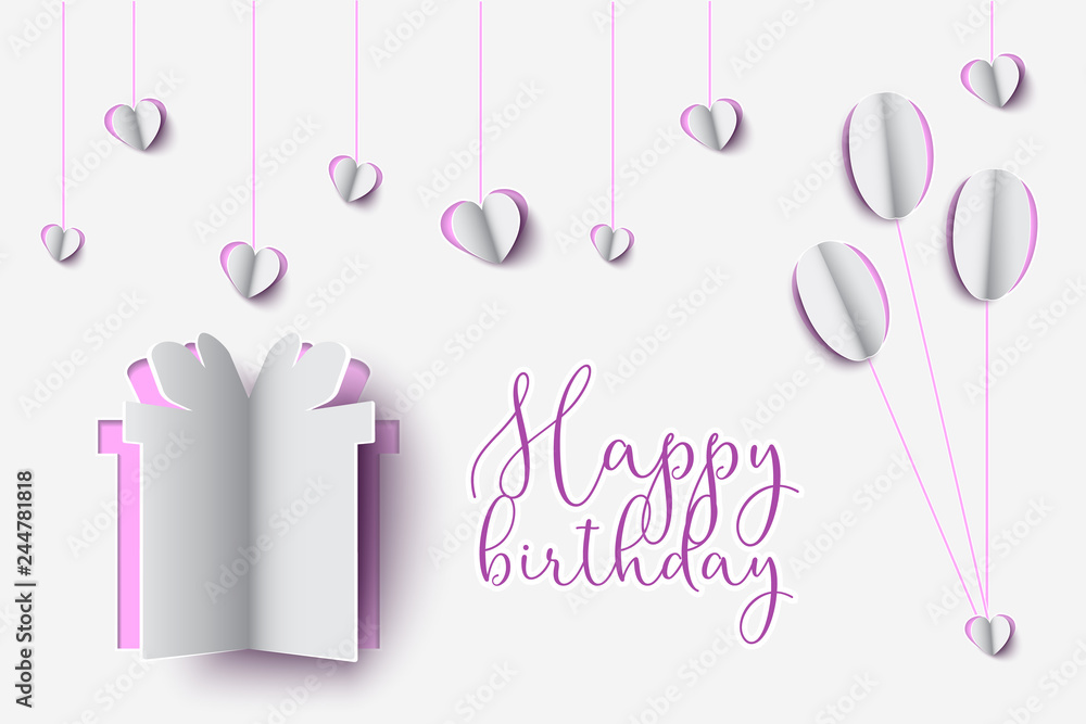 Birthday Paper Cut design of Gift box with Happy Birthday Title. Paper clipart of balloon floating and Gift Box on paper background. Birthday Paper Cut design of Gift box with Happy Birthday Title. Paper clipart of balloon floating and Gift Box on paper background.