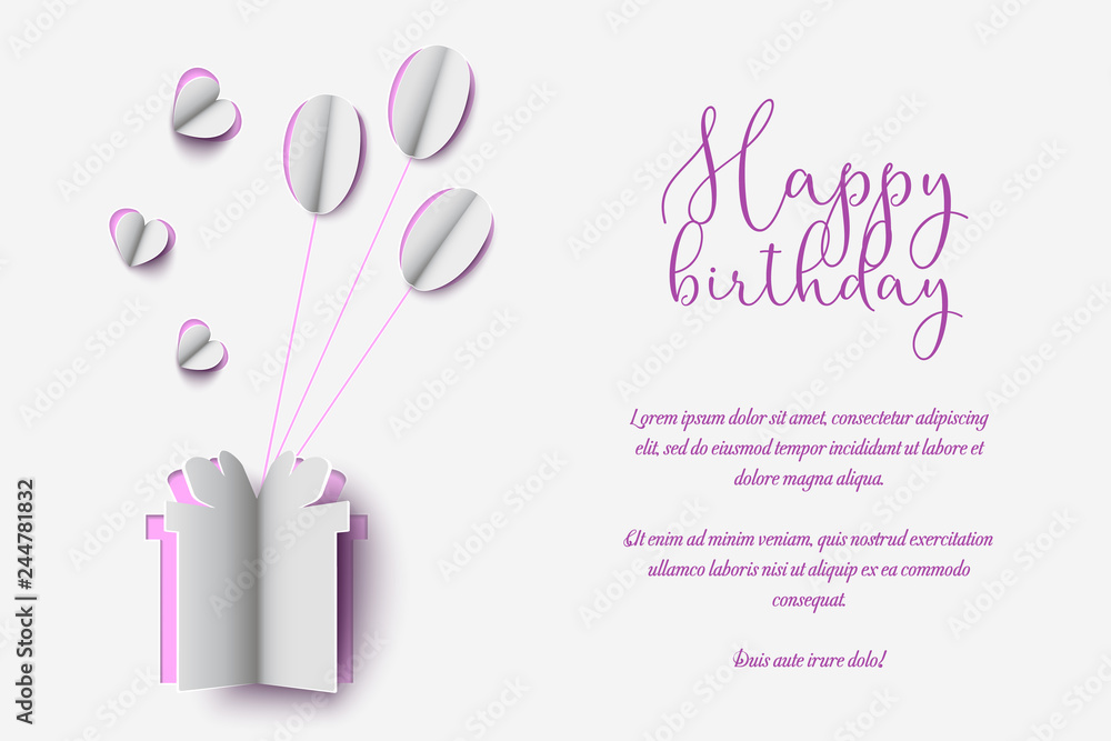 Birthday Paper Cut design of Gift box with Happy Birthday Title. Paper clipart of balloon floating and Gift Box on paper background. Birthday Paper Cut design of Gift box with Happy Birthday Title. Paper clipart of balloon floating and Gift Box on paper background.