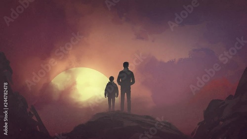 motion graphic of father and son standing on the mountain looking at the sun rising in the sky