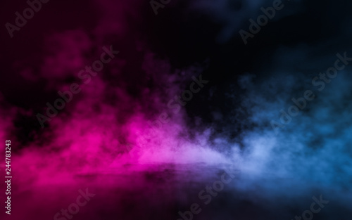 Empty scene with glowing pink and blue smoke environment atmosphere on floor. Fashion vibrant colors spectrum background. 3d rendering.