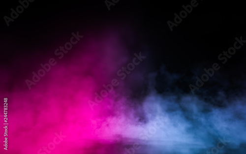 Empty scene with glowing pink and blue smoke environment atmosphere on floor. Fashion vibrant colors spectrum background. 3d rendering. © Chanchai