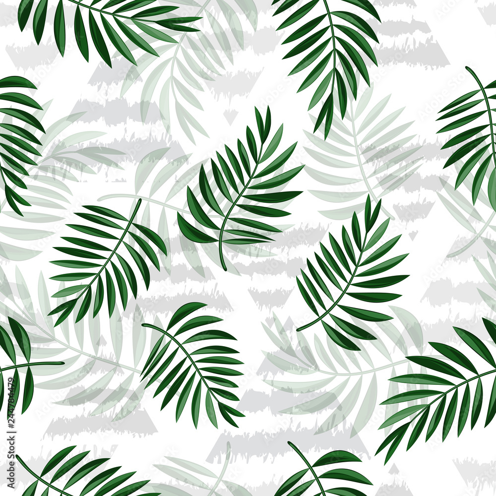 Green tropical leaves and triangles seamless pattern. Vector pattern for print design, wallpaper, site backgrounds, postcard, textile, fabric.Vector. Eps10.