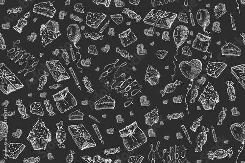 Happy Birthday seamless pattern background. Doodles Birthday sets, party blowouts, party hats, gift boxes and bows. vector illustration chalk texture isolated on black background.