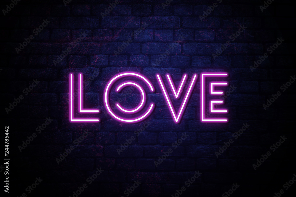 Valentines Day 80's Retro Neon inscription of Love banner. Neon inscription of Love with glowing backlight. Purple and Blue colors. Isolated graphic element on the dark background. Valentines Day 80's Retro Neon inscription of Love banner. Neon inscription of Love with glowing backlight. Purple and Blue colors. Isolated graphic element on the dark background.