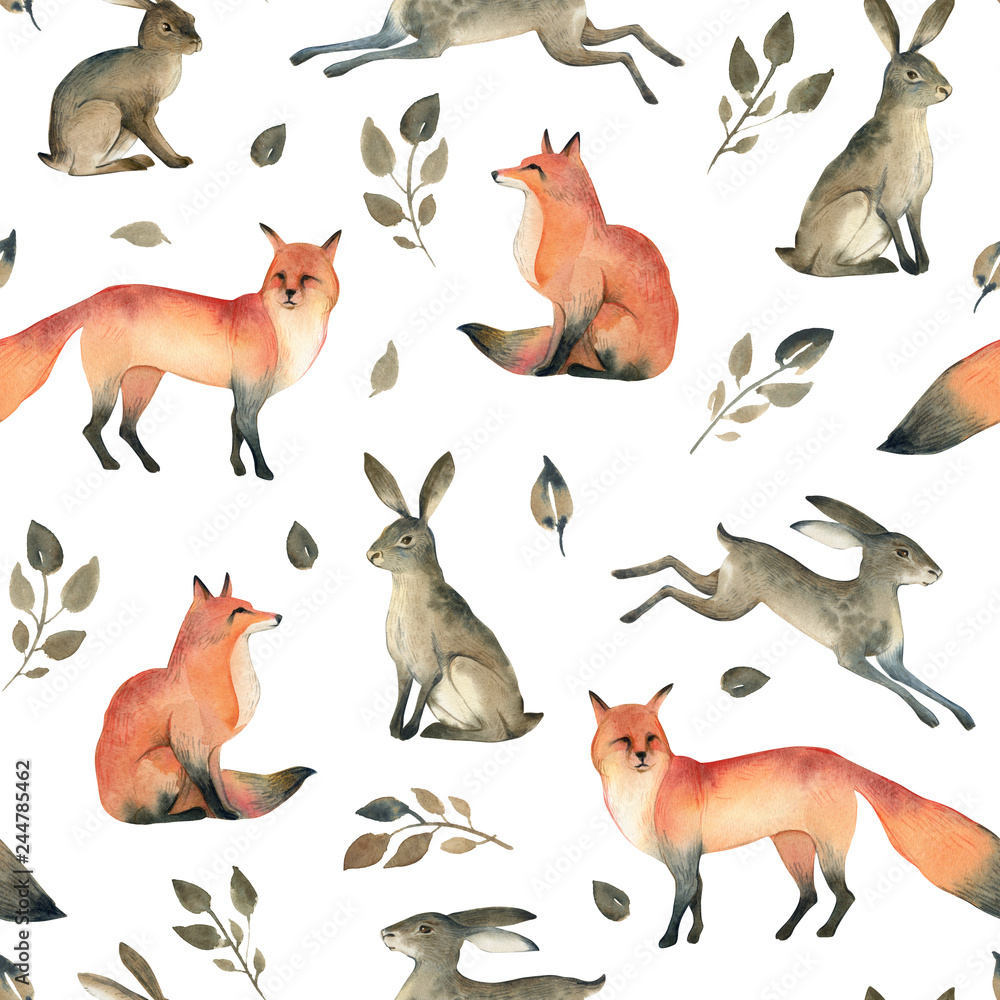 Obraz premium Watercolor realistic forest animal sketch. Seamles pattern about fox, hare and leaves