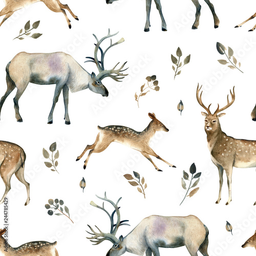 Fototapeta Naklejka Na Ścianę i Meble -  Watercolor realistic forest animal sketch. Seamles pattern about deer, stag, moose and leaves