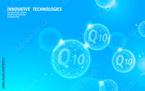 Vitamin Q10 low poly sphere light blue sunny sky. Health supplement skin care anti-aging cosmetics ad complex coenzyme Q ubiquinone. Medicine science banner template vector illustration