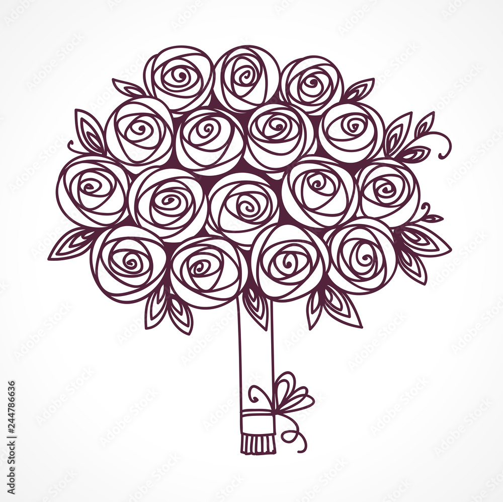 Rose flowers gift. Luxurious anniversary bouquet of roses. Outline