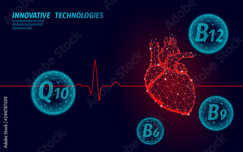 Healthy heart beats 3d medicine model low poly. Triangle connected dots glow point red background. Vitamin supplement Q10 B12 modern innovative technology render vector illustration