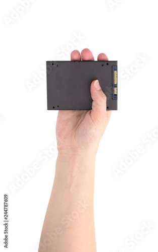 SSD drive isolated on white background. Internal ssd drive in hand on a white background.