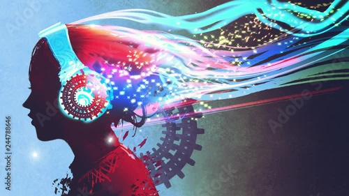 motion graphic painting of the woman with magic glowing headphones on dark background